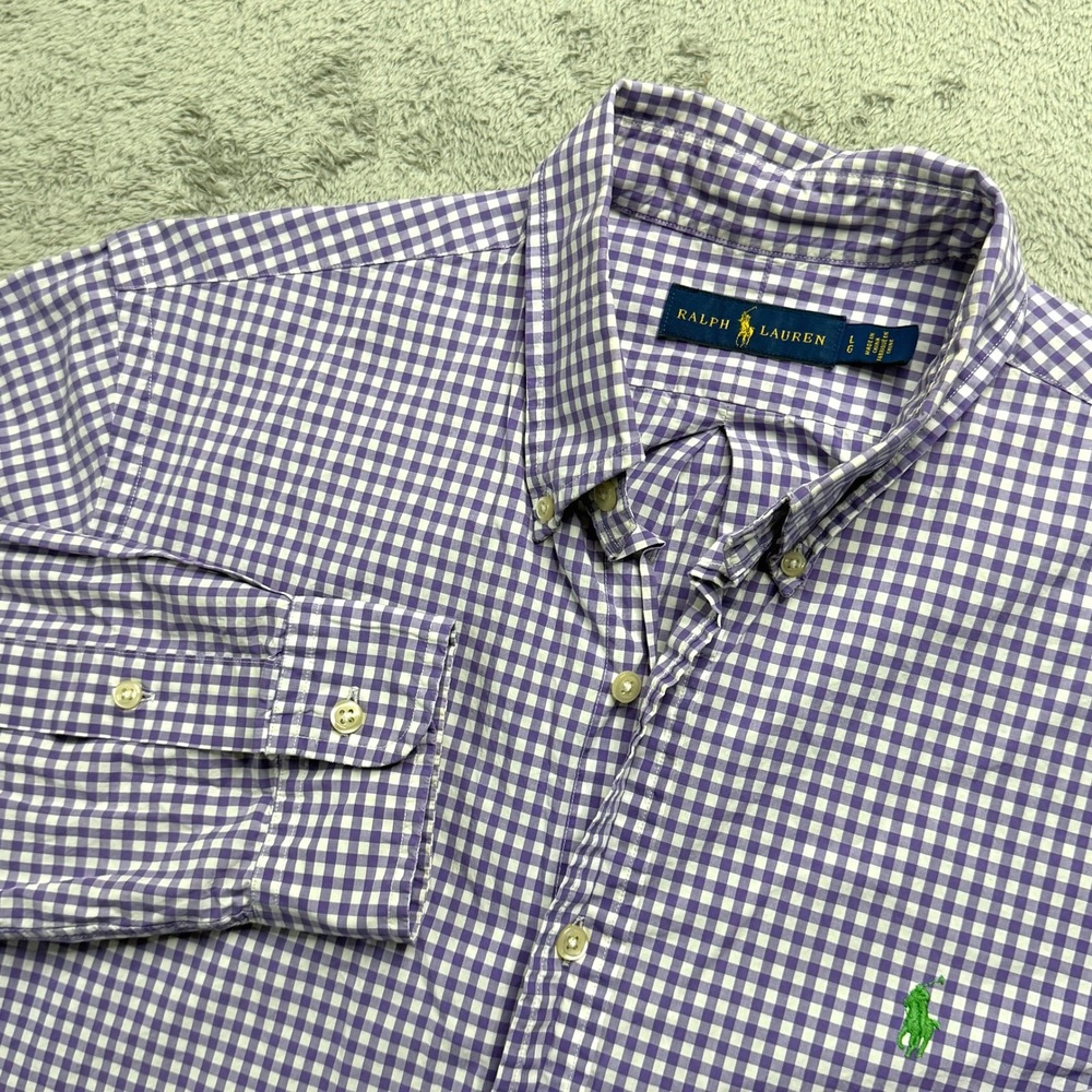 Ralph Lauren Mens Gingham Button Down Shirt Purple White Large Long Sleeve Pony